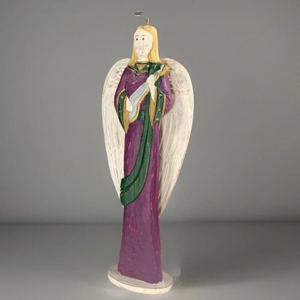 Pier 1 Wooden Angel Wings Halo Figurine Plays Lute Purple Green Carved Folk Art